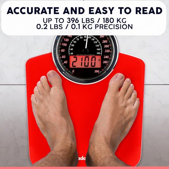 Adamson Hybrid 2-in-1 Analog & Digital Weighing Scale for Body Weight up to 400lbs - Thick Tempered Glass - Extra Large Display - Easy to Read Digital Bathroom Scale - New - Red - Image 5
